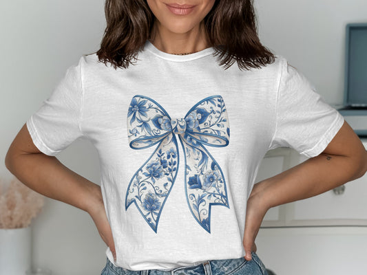 Elegant Blue Floral Bow Graphic White Shirt product