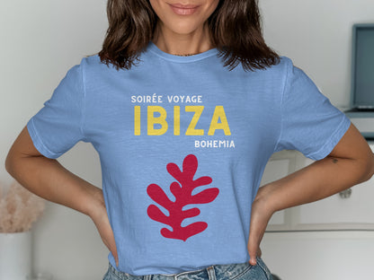 Light blue t-shirt with "SOIREE VOYAGE IBIZA BOHEMIA" text and red abstract graphic.
