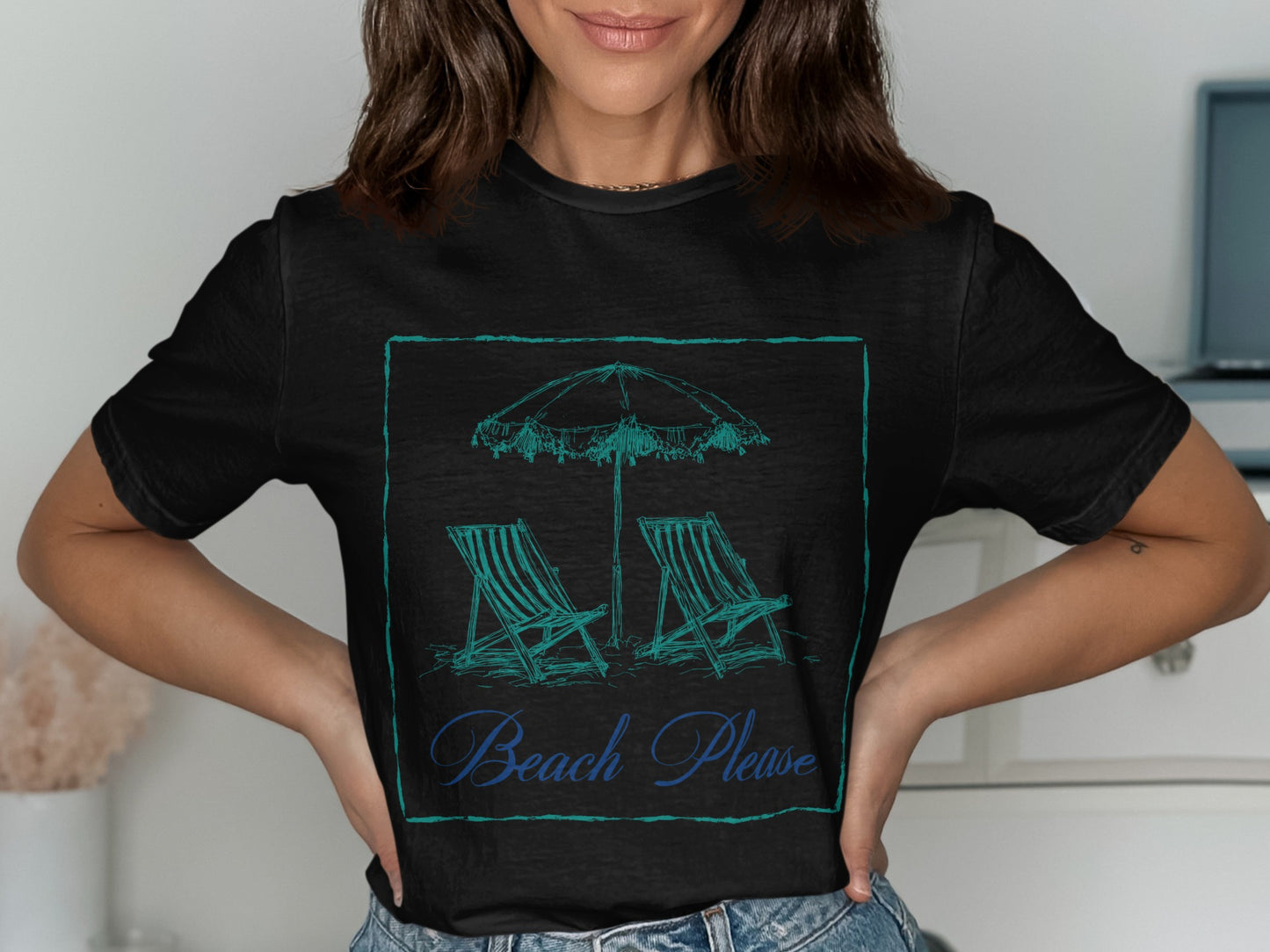 Black t-shirt with sketch of beach chairs and umbrella, text "Beach Please".