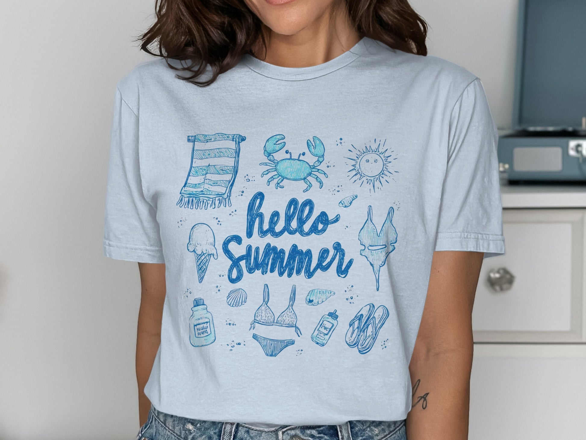 Light blue t-shirt with blue summer icons and "Hello Summer" text.