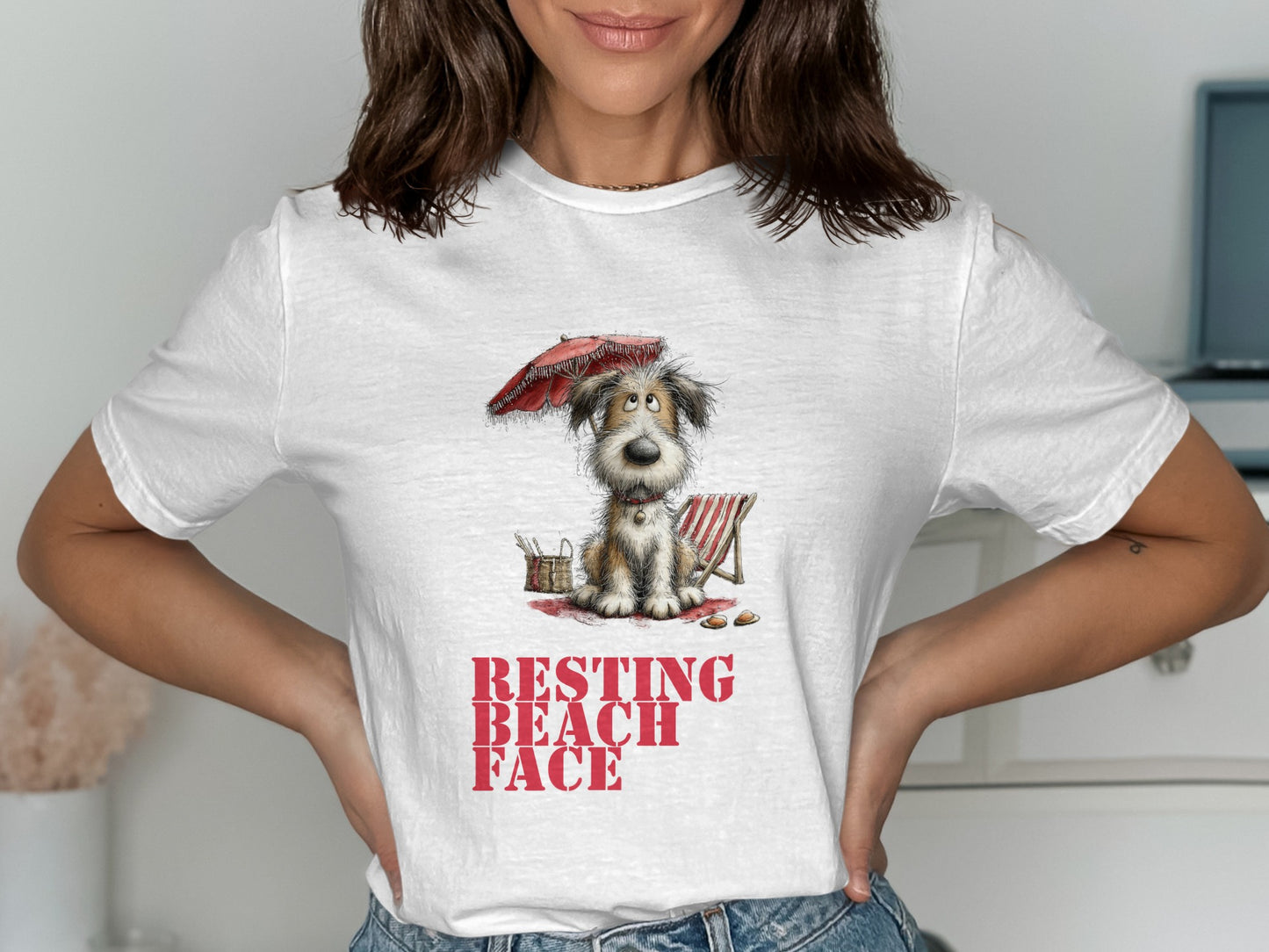 Dog in beach chair under umbrella with "Resting Beach Face" text.