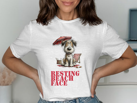 Dog in beach chair under umbrella with "Resting Beach Face" text.