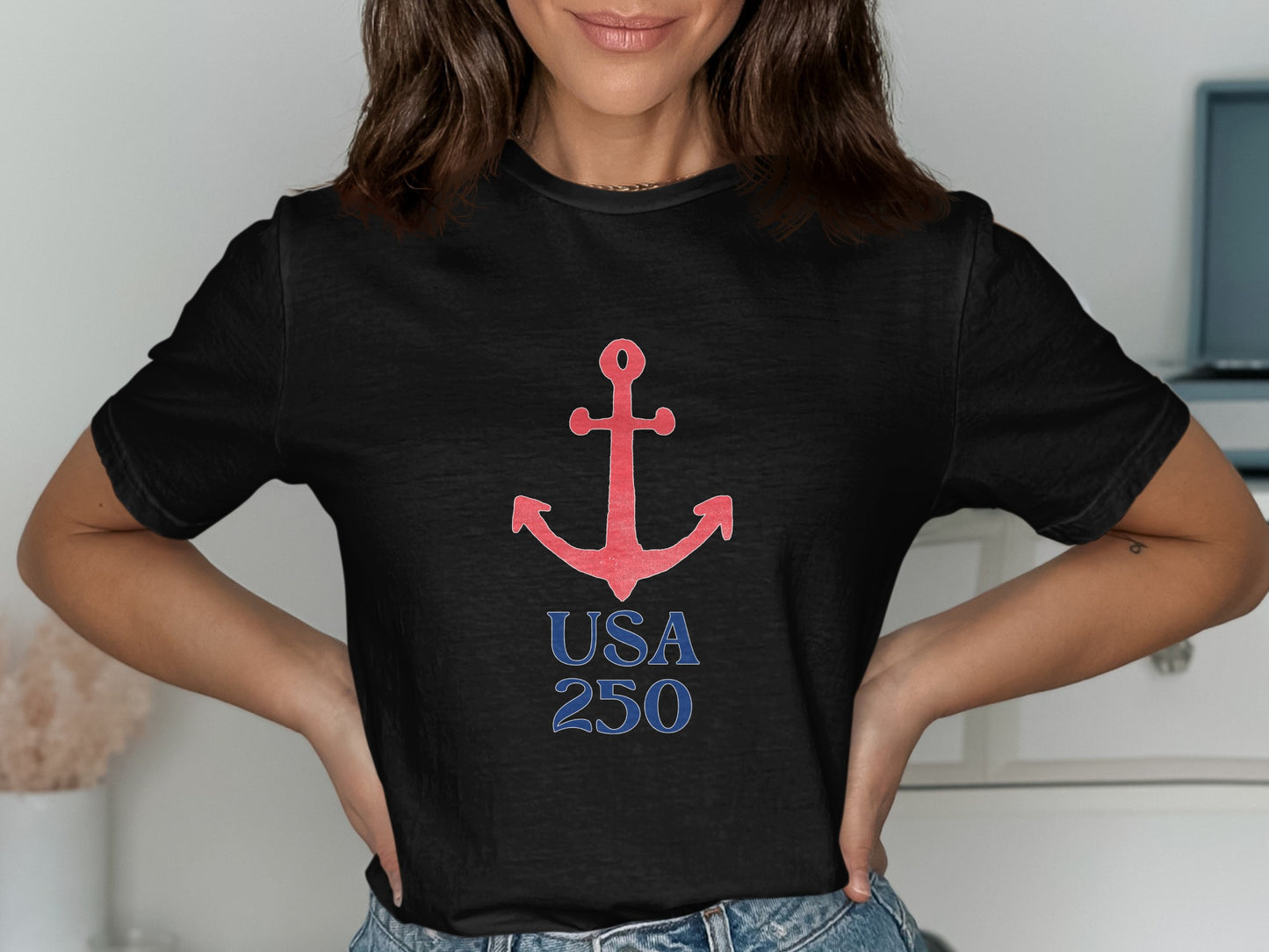 Black t-shirt with red anchor and "USA 250" text.