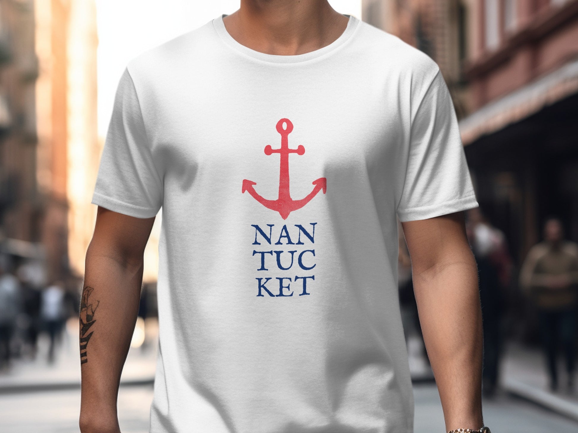 White t-shirt with red anchor and blue "NANTUCKET" text.