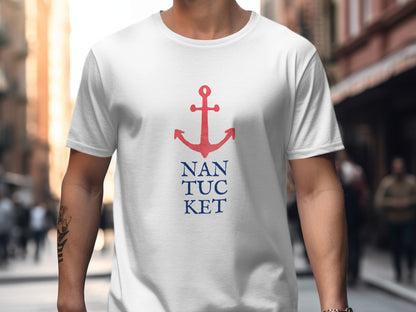 White t-shirt with red anchor and blue "NANTUCKET" text.