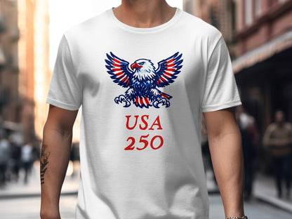 White t-shirt with USA 250 text and patriotic eagle graphic.