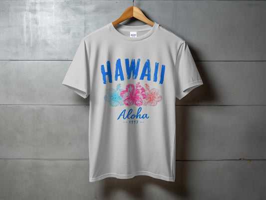 White t-shirt with "HAWAII Aloha 1997" text and colorful hibiscus flowers.