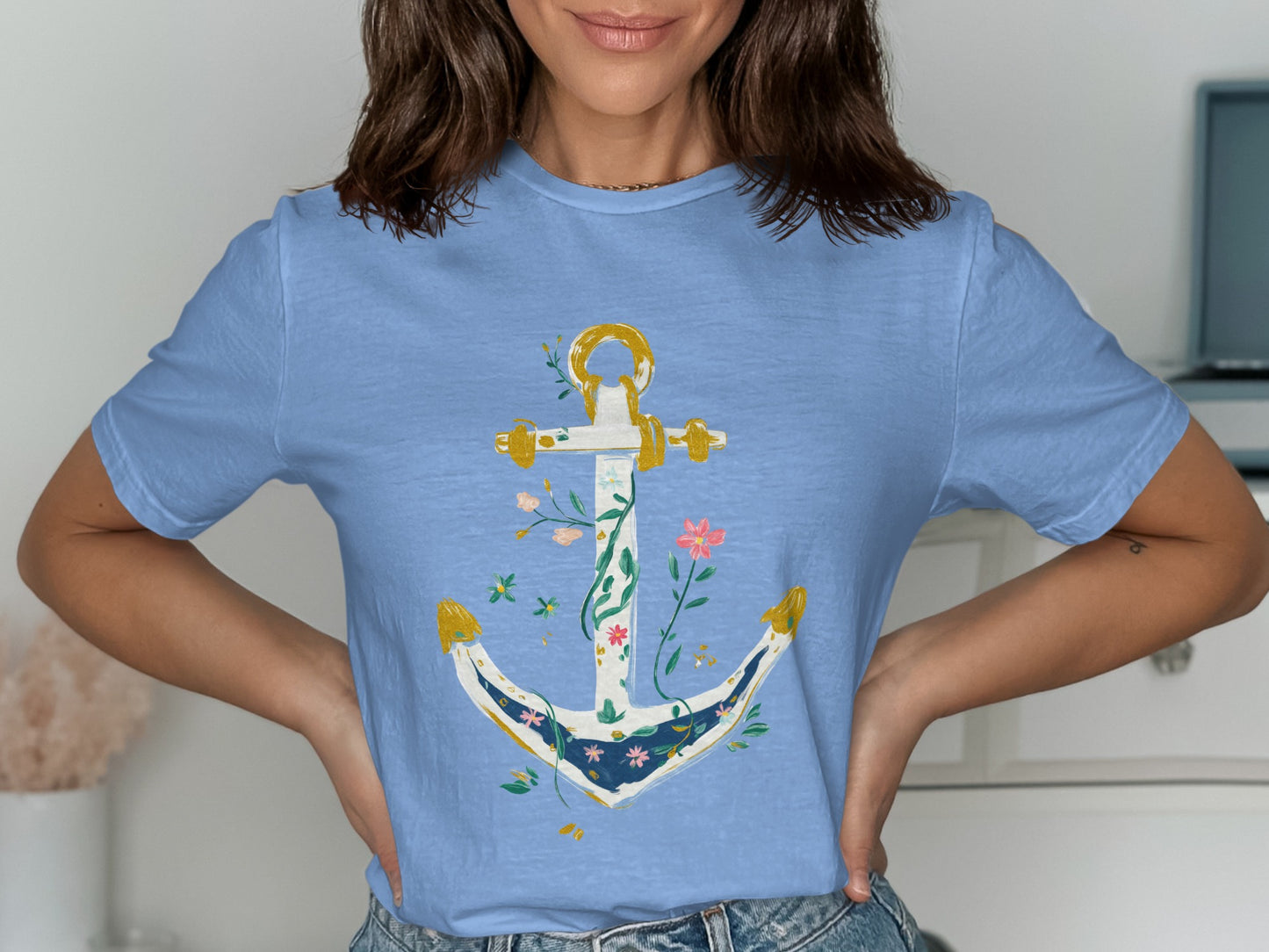 Light blue t-shirt with a floral anchor design.