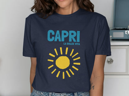 Dark blue t-shirt with "CAPRI LA DOLCE VITA" and yellow sun graphic.