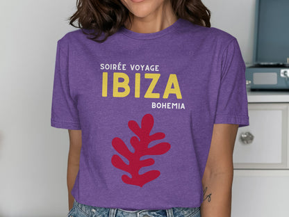 Purple t-shirt with yellow "Soirée Voyage Ibiza Bohemia" and red leaf graphic.