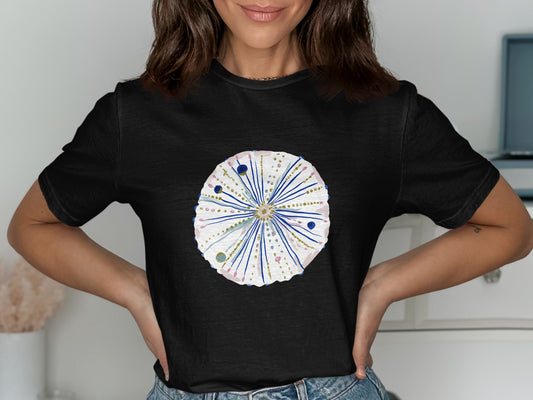 Black t-shirt with a detailed watercolor sea urchin design.