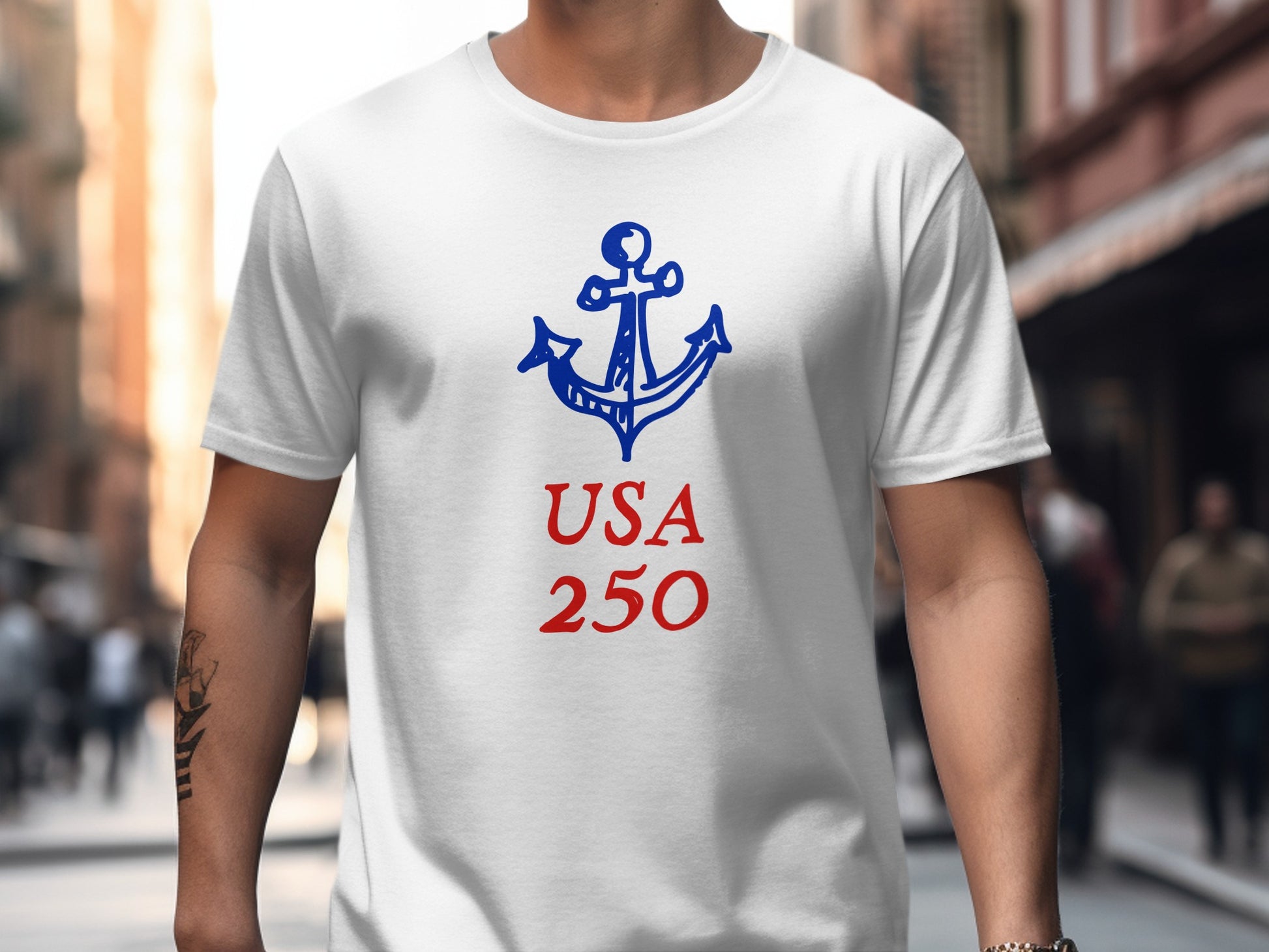 White t-shirt with red and blue anchor and "USA 250" text.