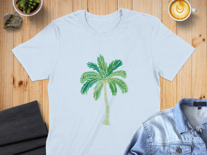 Light blue t-shirt with a stylized green palm tree graphic.