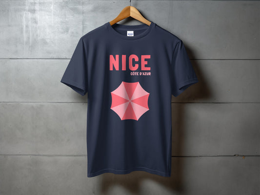 Navy t-shirt with pink umbrella graphic and "NICE CÔTE D'AZUR" text.