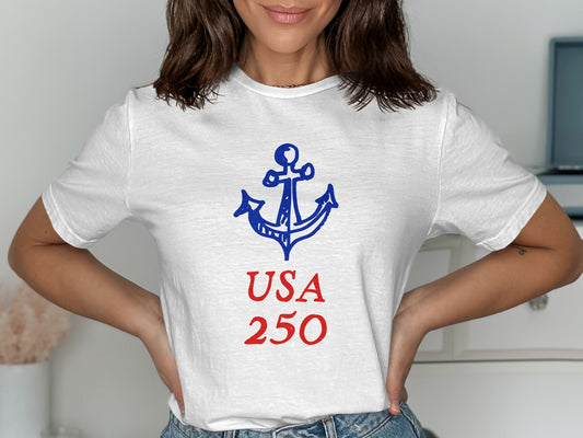 White t-shirt with blue anchor and "USA 250" text.