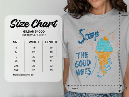 Gildan 64000 size chart for softstyle t-shirts with dimensions and ice cream graphic.