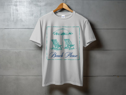 White t-shirt with "Beach Please" text and beach chairs under an umbrella.