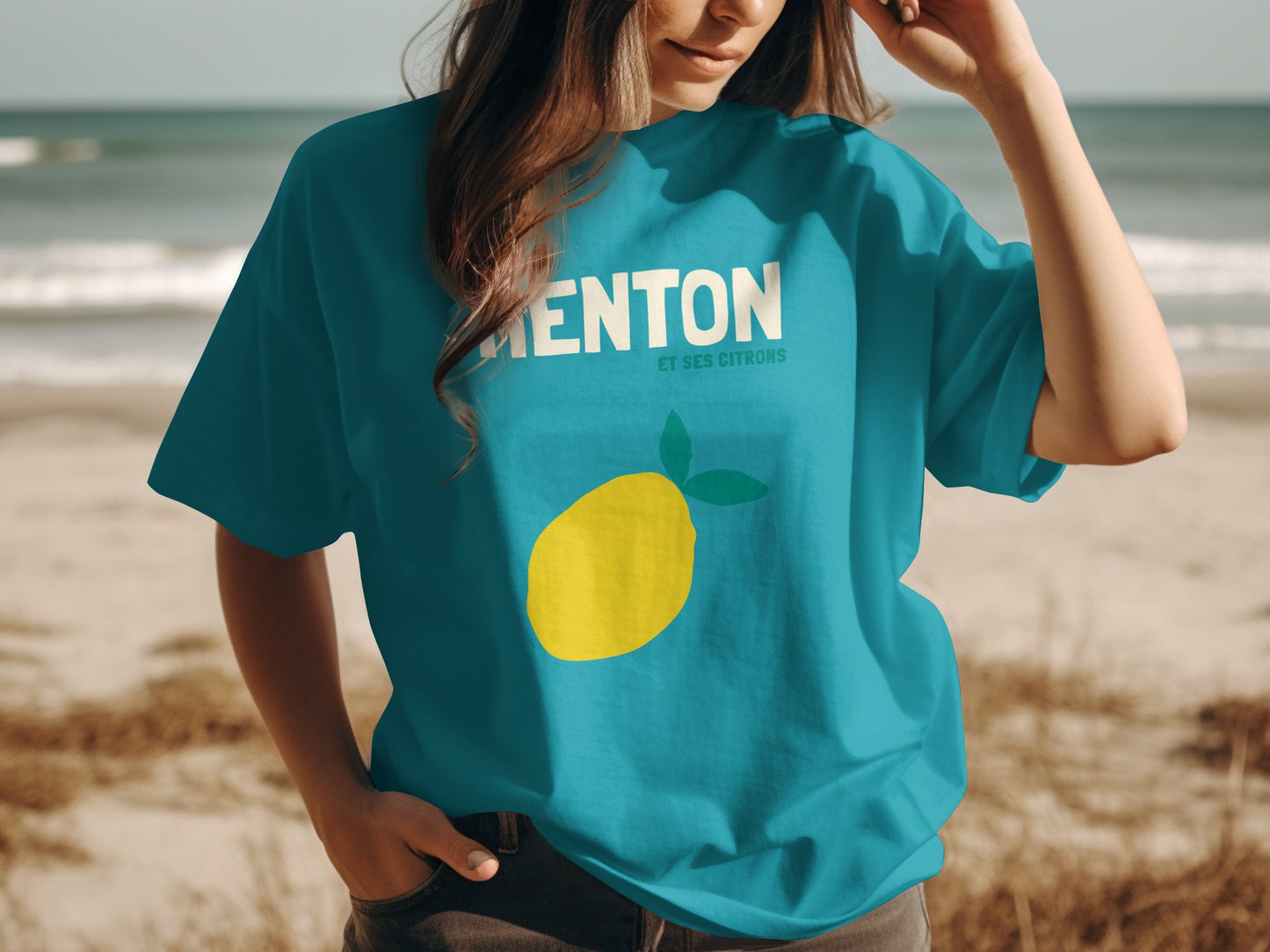 Teal t-shirt with "Menton et ses citrons" and a yellow lemon graphic.