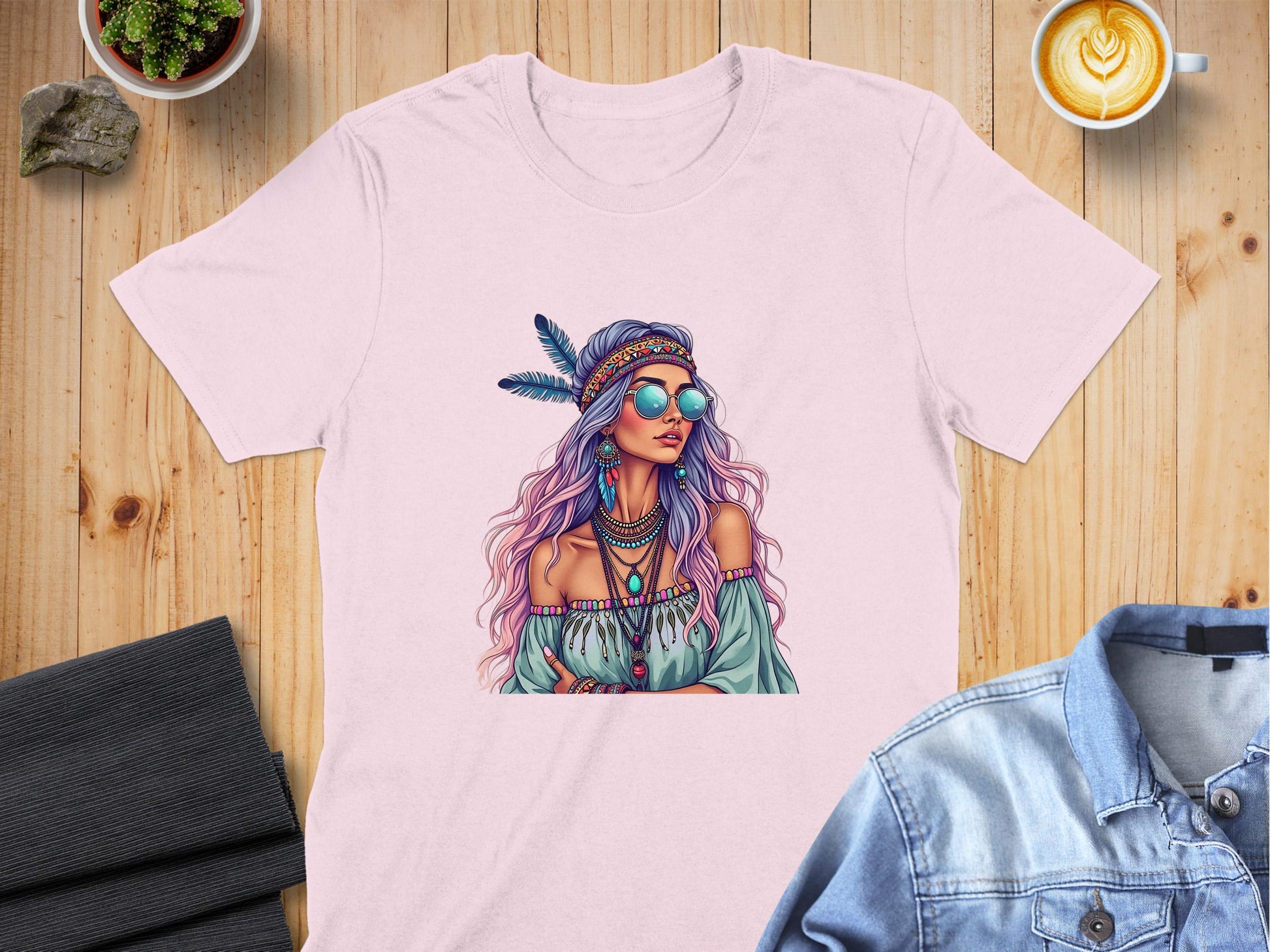 Bohemian Chic Woman with Feather Headdress T-shirt product