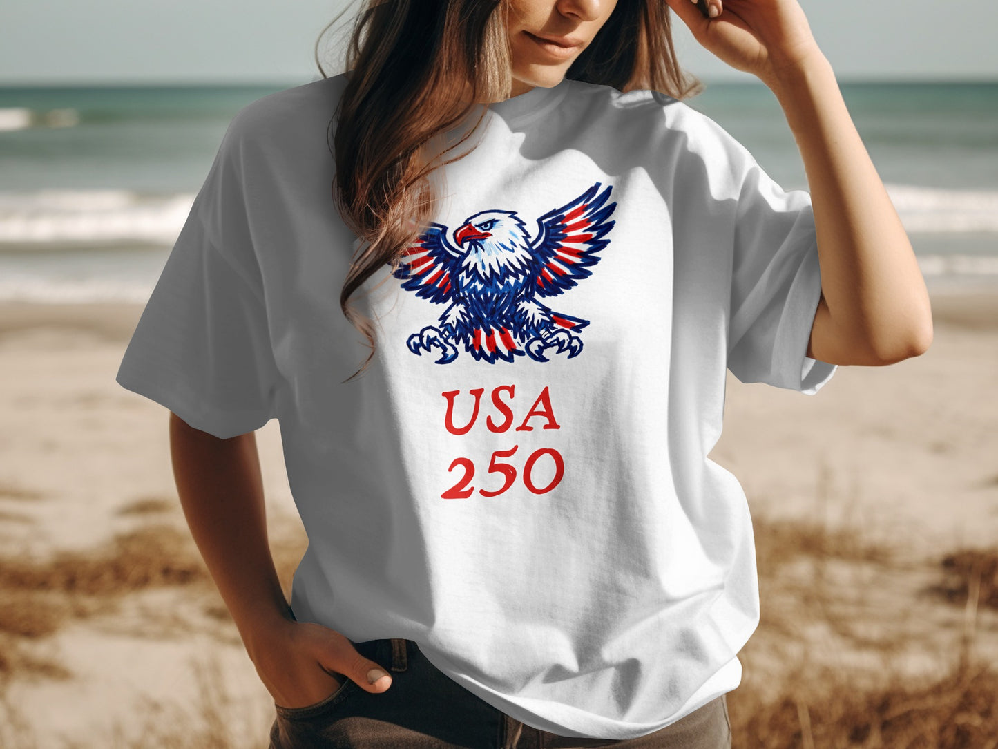 White t-shirt with USA 250 text and bald eagle graphic.