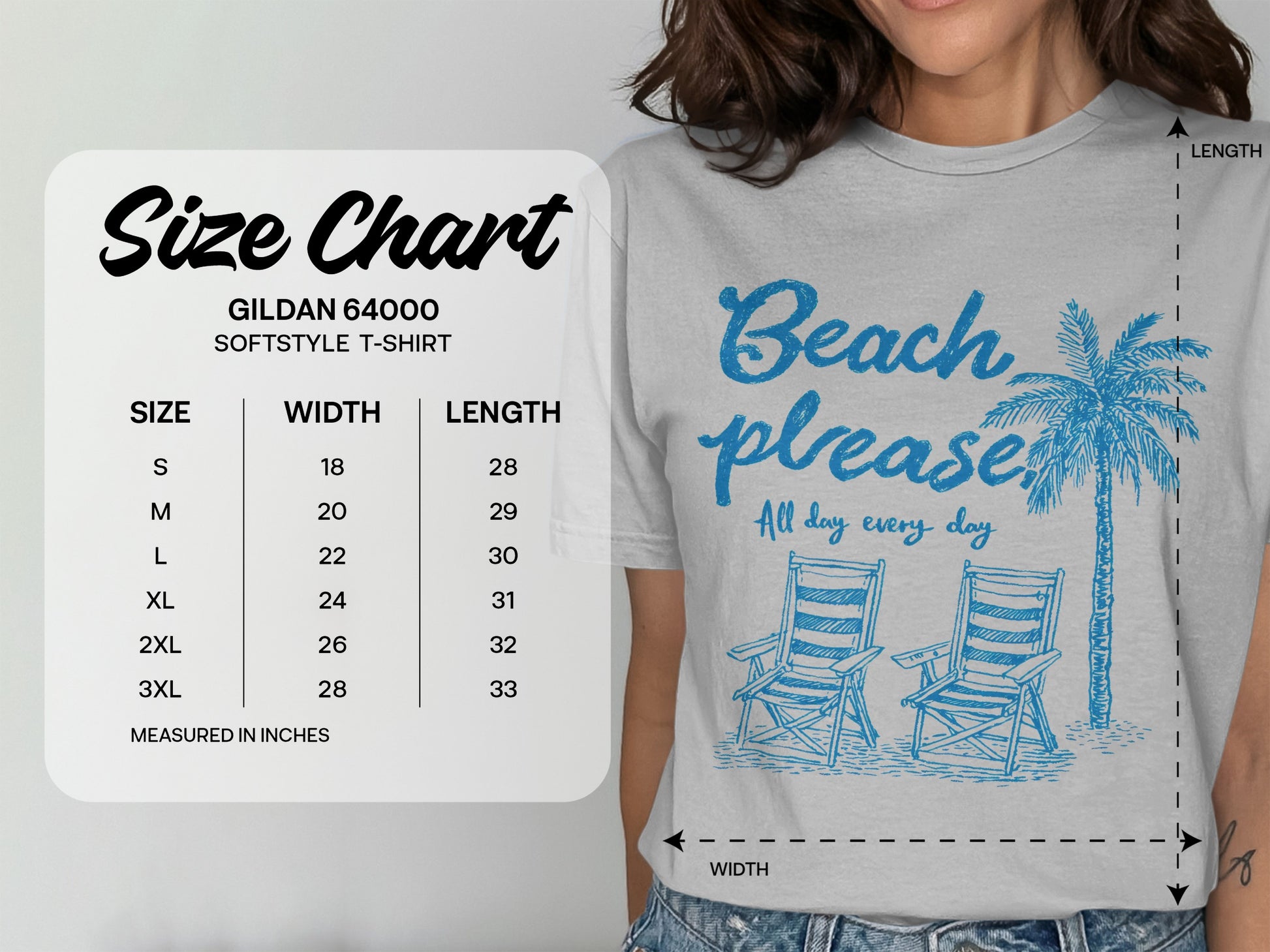Gildan 64000 t-shirt size chart with beach graphic, measured in inches.