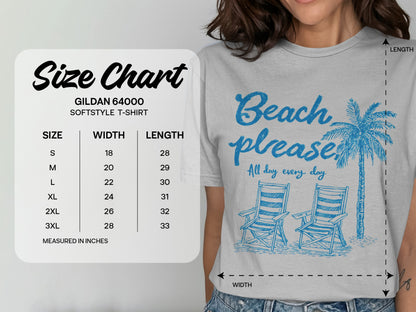 Gildan 64000 t-shirt size chart with beach graphic, measured in inches.
