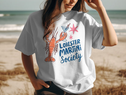 White t-shirt with a cartoon lobster and "Lobster Martini Society" text.