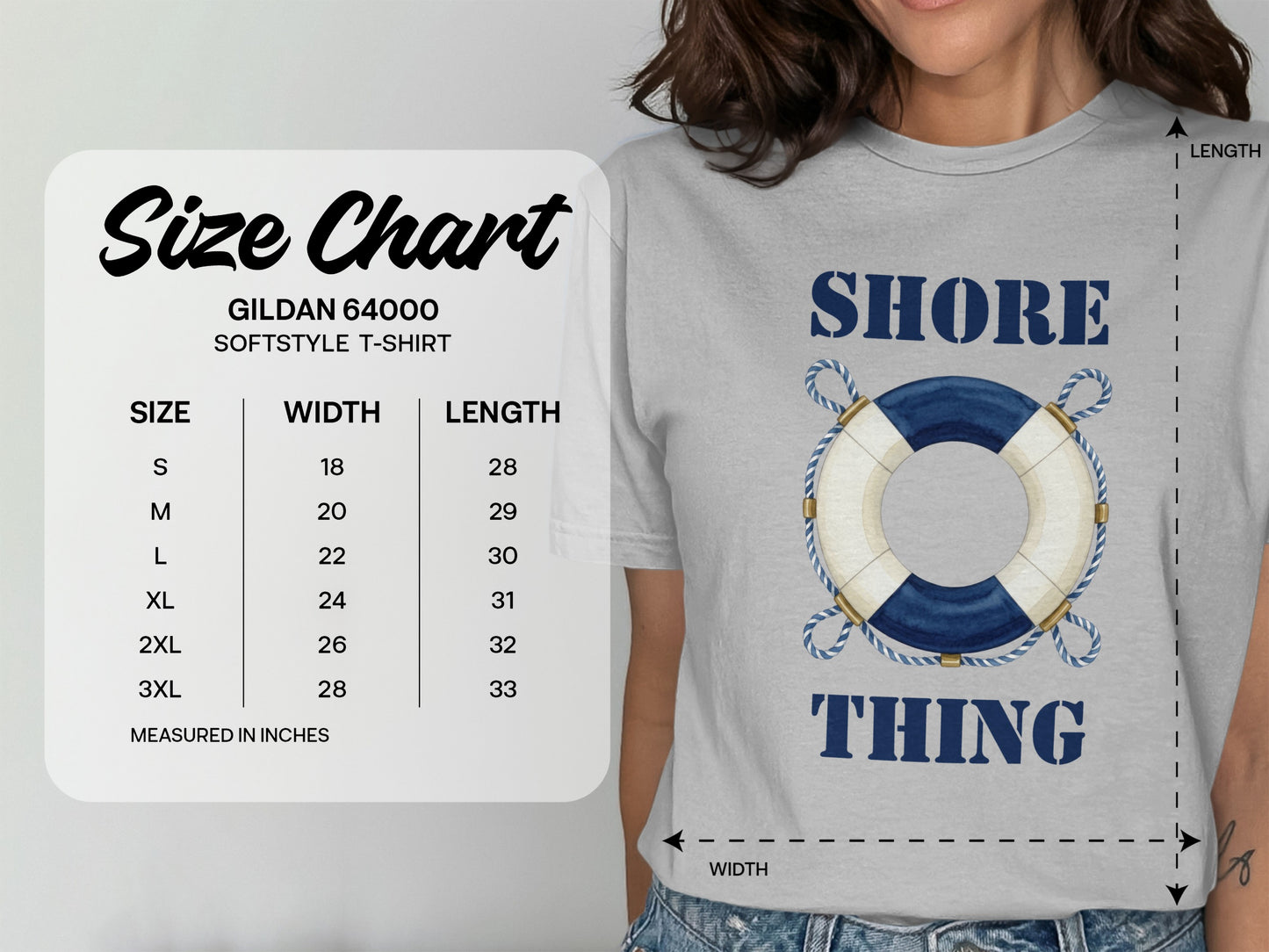 Gildan 64000 Softstyle T-shirt size chart with measurements in inches.