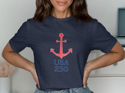 Navy t-shirt with red anchor and "USA 250" text.
