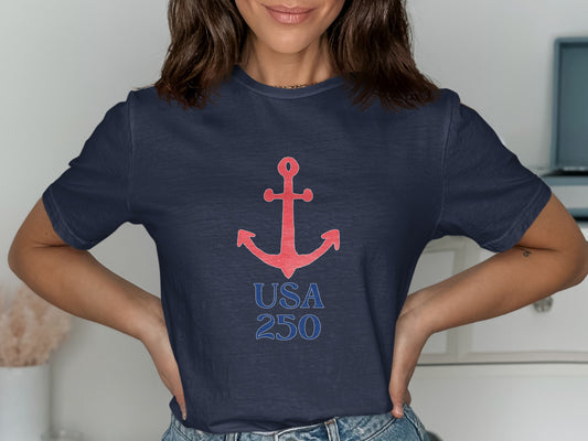 Navy t-shirt with red anchor and "USA 250" text.