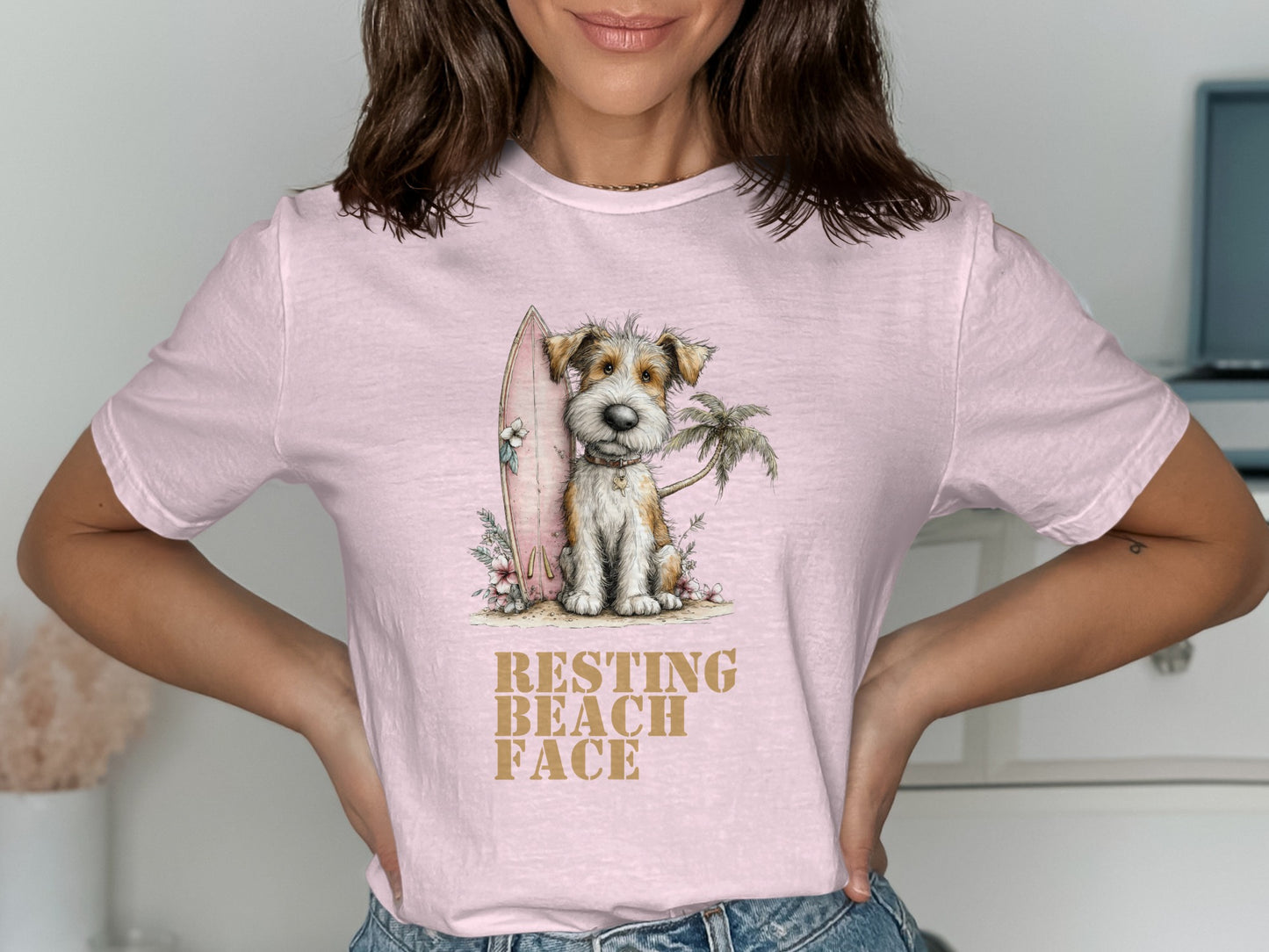 Dog sitting by a surfboard and palm tree with "RESTING BEACH FACE" text.