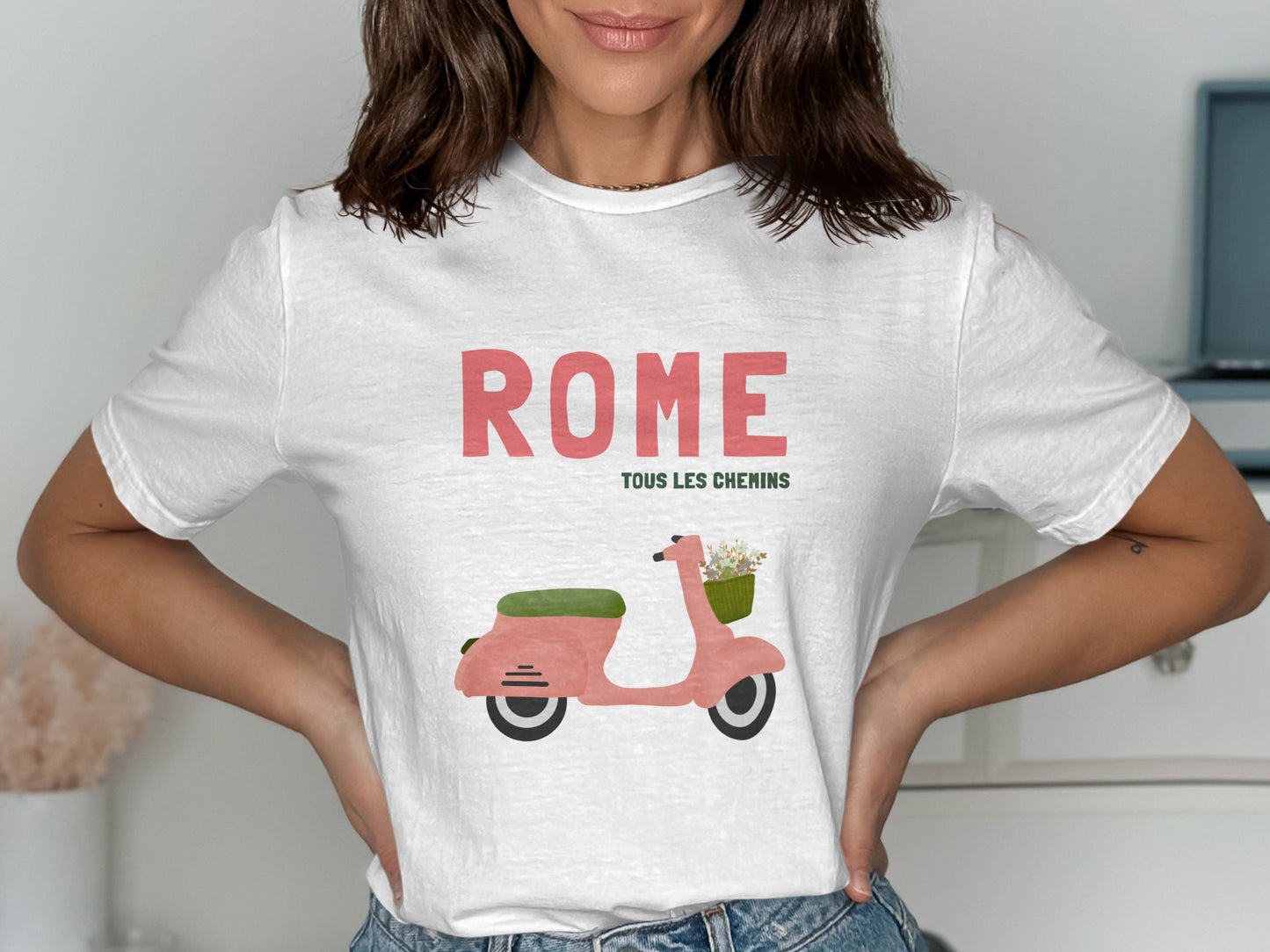 White t-shirt with "ROME TOUS LES CHEMINS" and pink scooter with flowers graphic.