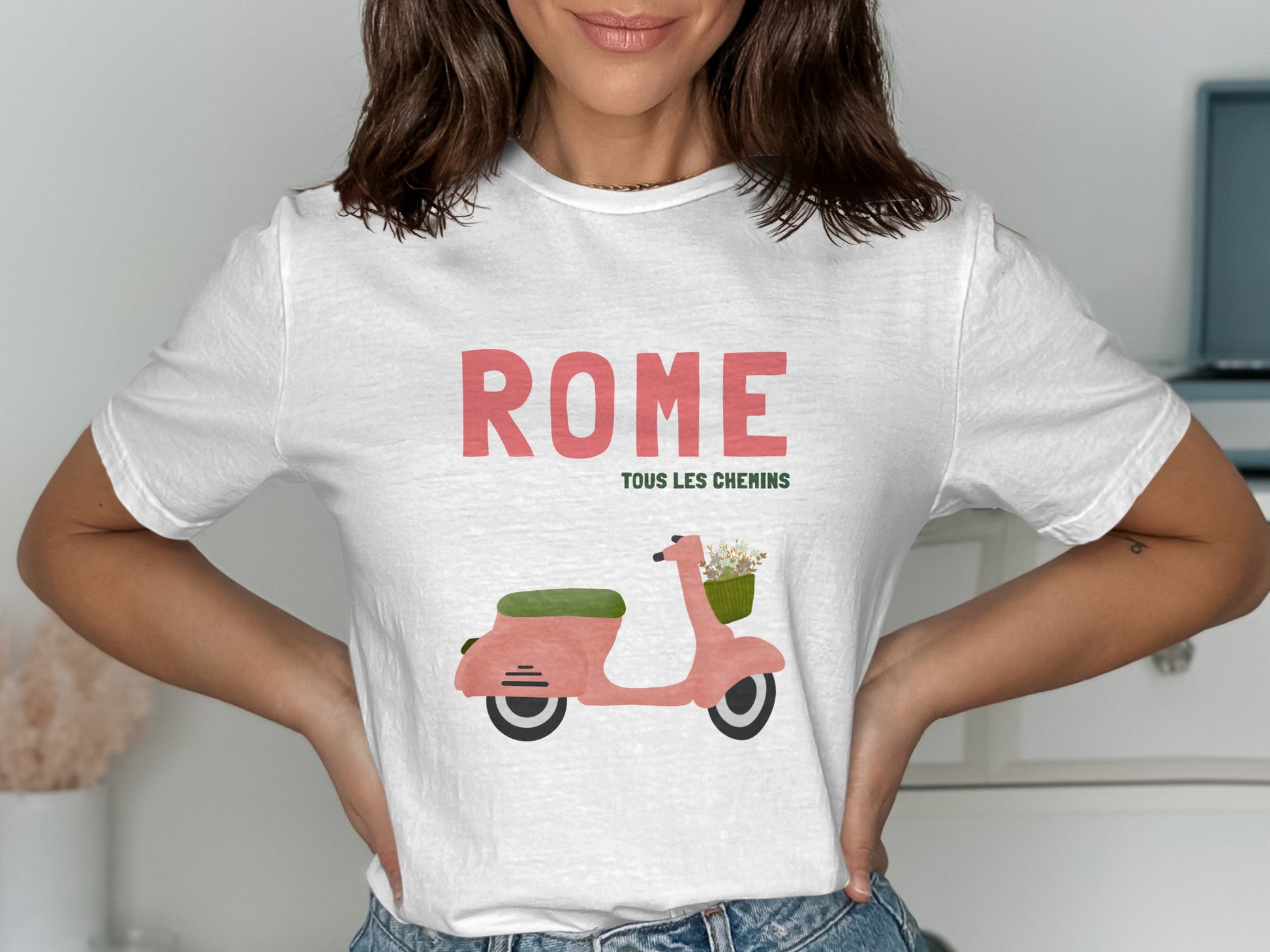 White t-shirt with "ROME TOUS LES CHEMINS" and pink scooter with flowers graphic.