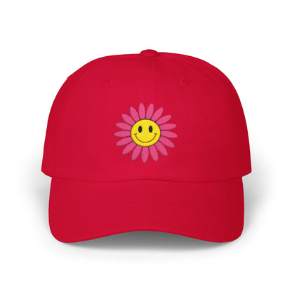 Smiley Daisy Dad Cap Embroidered Pink Flower Hat