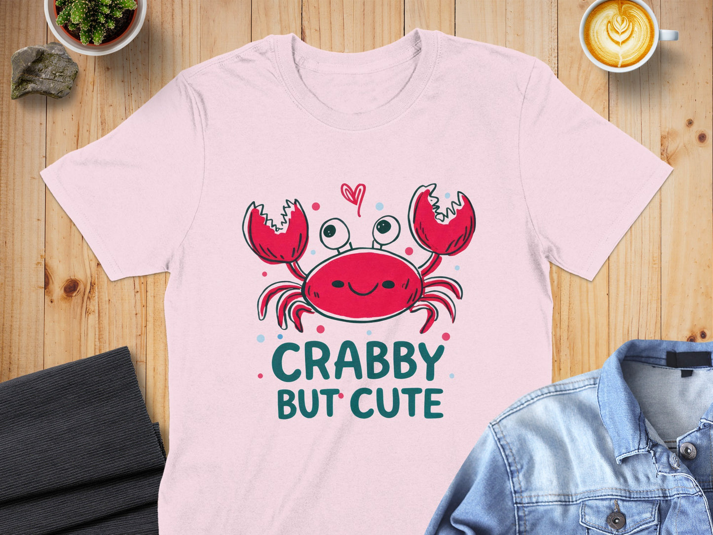 Pink t-shirt with a smiling red crab and "Crabby But Cute" text.