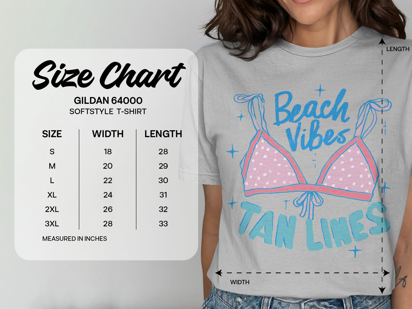 Gildan 64000 Softstyle t-shirt size chart with width and length measurements.