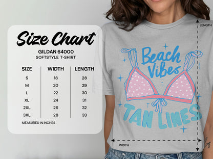 Gildan 64000 Softstyle t-shirt size chart with width and length measurements.