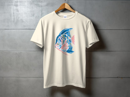 Cream t-shirt with a blue and pink abstract fish graphic.