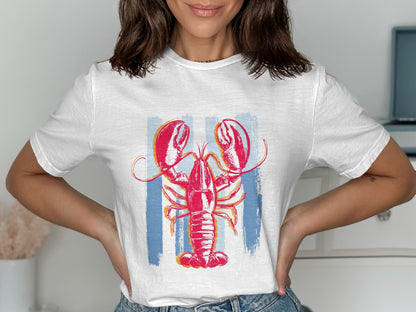 White t-shirt with red lobster graphic and blue stripes.