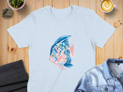 Light blue t-shirt with colorful abstract fish graphic.