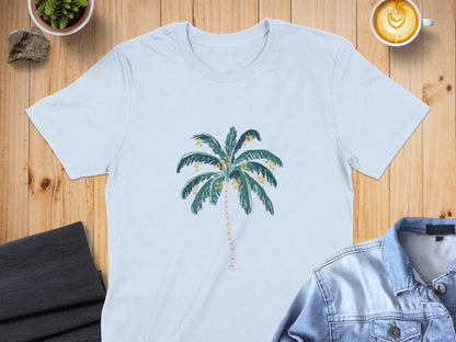 Light blue t-shirt with a watercolor palm tree design.