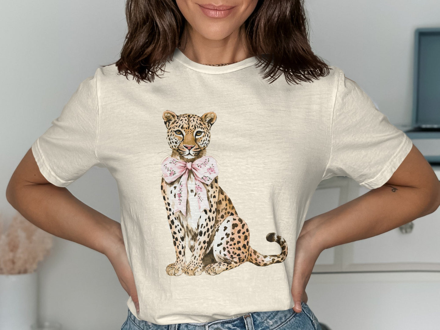 Leopard with Pink Bow Illustration T-Shirt product