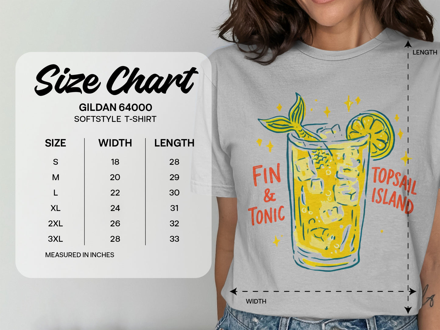 Gildan 64000 softstyle t-shirt size chart and "Fin & Tonic Topsail Island" graphic.