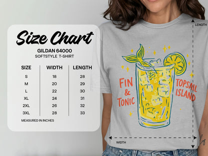 Gildan 64000 softstyle t-shirt size chart and "Fin & Tonic Topsail Island" graphic.