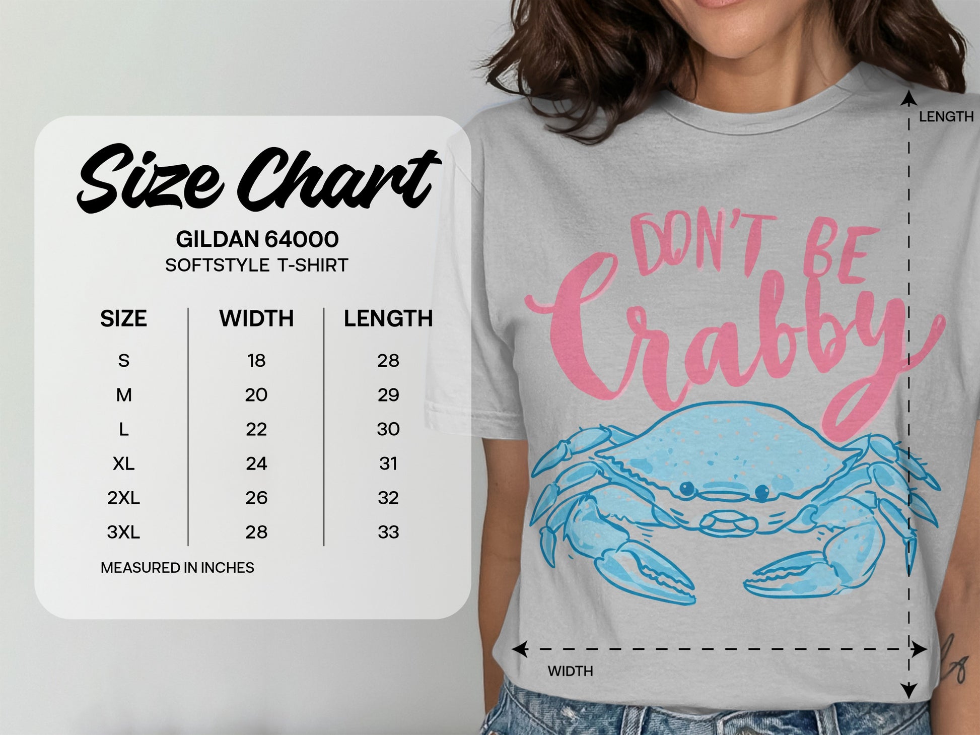 Gildan 64000 t-shirt size chart with crab graphic and "Don't Be Crabby" text.