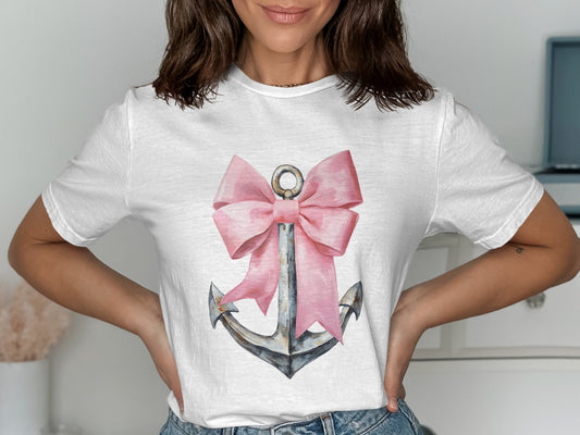 Stylish White T-Shirt with Pink Bow and Anchor product