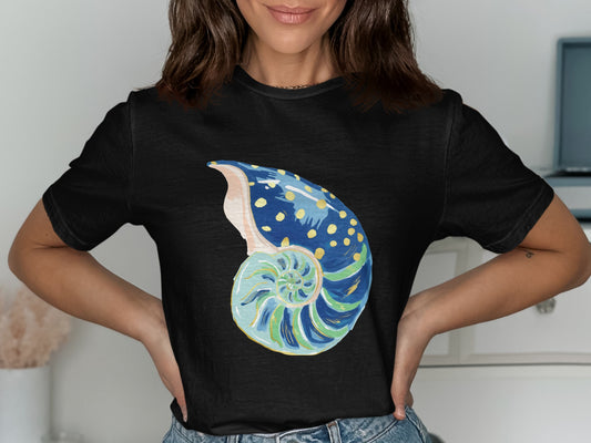 Black t-shirt with a colorful, stylized seashell graphic.