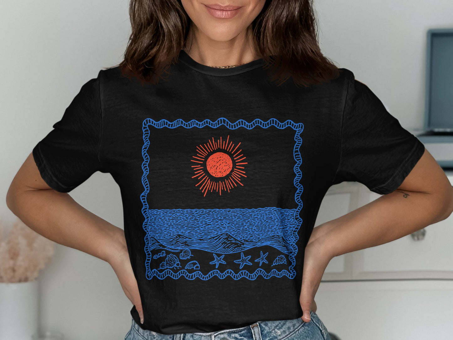Scenic Sun Wave Starfish Design on Black T-shirt product