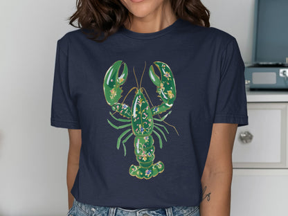 Dark navy t-shirt with a painted green lobster illustration.