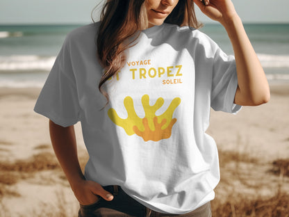 White t-shirt with "St. Tropez Soleil" text and coral graphic.